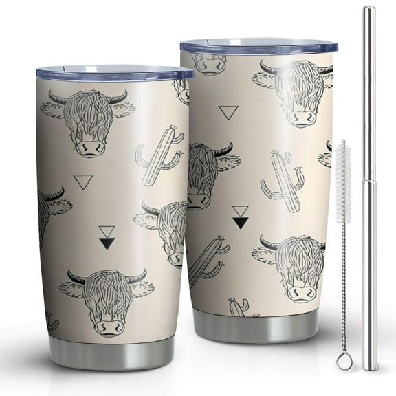 20oz Tumblers Beige Highland Cow Cactus Triangle Pattern Stainless Steel Vacuum Insulated Double Wall Travel Tumbler Cups Mug with Lid and Straw,Cleaning Brush for Cold & Hot Drinks