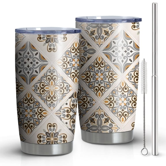 20oz Tumblers Beige Traditional Geometric Pattern Stainless Steel Vacuum Insulated Double Wall Travel Tumbler Cups Mug with Lid and Straw,Cleaning Brush for Cold & Hot Drinks