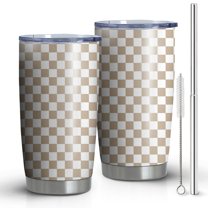 20oz Tumblers Beige and White Checkerboard Pattern Stainless Steel Vacuum Insulated Double Wall Travel Tumbler Cups Mug with Lid and Straw,Cleaning Brush for Cold & Hot Drinks