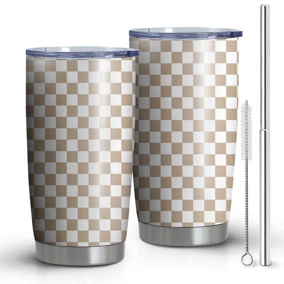 20oz Tumblers Beige and White Checkerboard Pattern Stainless Steel Vacuum Insulated Double Wall Travel Tumbler Cups Mug with Lid and Straw,Cleaning Brush for Cold & Hot Drinks