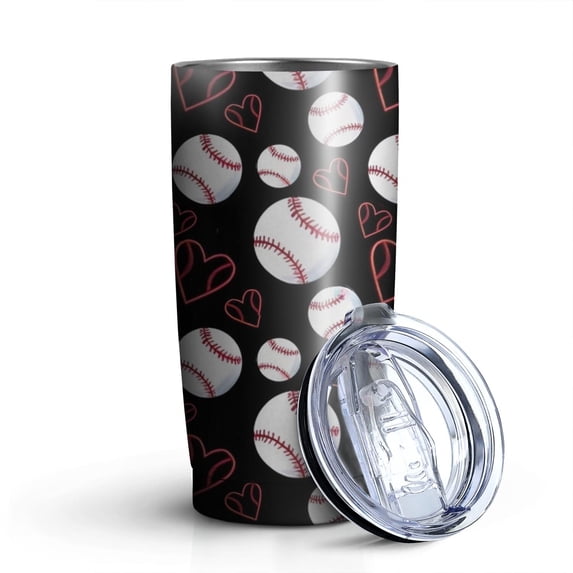 20oz Tumblers Black Baseballs and Hearts Pattern Stainless Steel Vacuum Insulated Double Wall Travel Tumbler Cups Mug with Lid and Straw,Cleaning Brush for Cold & Hot Drinks