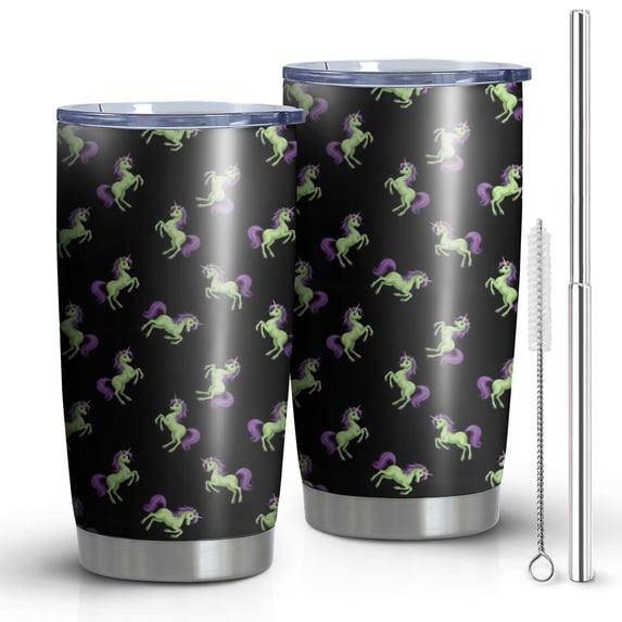 20oz Tumblers Black Cartoon Unicorn Pattern Stainless Steel Vacuum Insulated Double Wall Travel Tumbler Cups Mug with Lid and Straw,Cleaning Brush for Cold & Hot Drinks