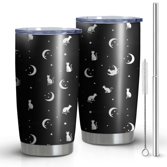 20oz Tumblers Black Cat Moon Star Pattern Stainless Steel Vacuum Insulated Double Wall Travel Tumbler Cups Mug with Lid and Straw,Cleaning Brush for Cold & Hot Drinks