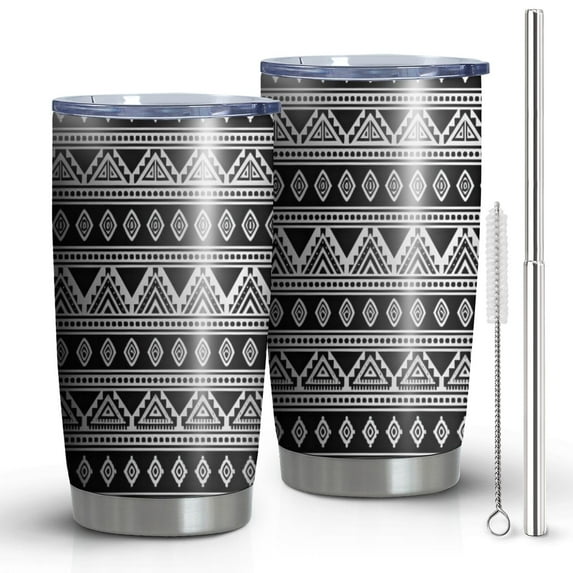 20oz Tumblers Black Geometric Triangle Diamond Pattern Stainless Steel Vacuum Insulated Double Wall Travel Tumbler Cups Mug with Lid and Straw,Cleaning Brush for Cold & Hot Drinks