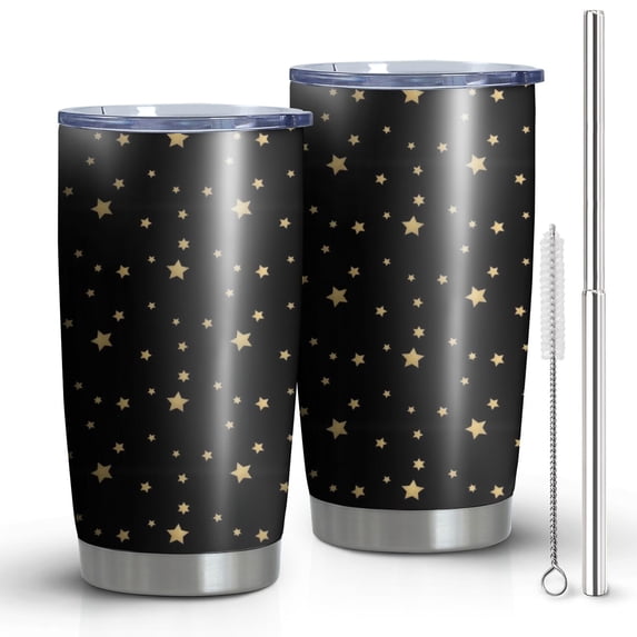 20oz Tumblers Black Gold Star Pattern Stainless Steel Vacuum Insulated Double Wall Travel Tumbler Cups Mug with Lid and Straw,Cleaning Brush for Cold & Hot Drinks