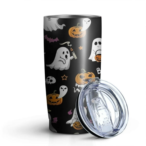 20oz Tumblers Black Halloween Ghosts and Pumpkins Stainless Steel Vacuum Insulated Double Wall Travel Tumbler Cups Mug with Lid and Straw,Cleaning Brush for Cold & Hot Drinks