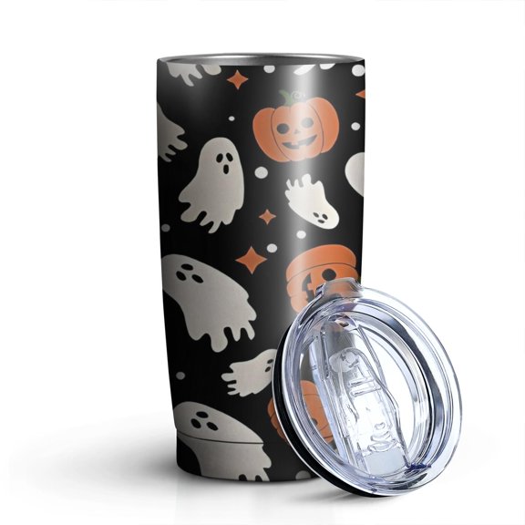 20oz Tumblers Black Halloween Ghosts and Pumpkins Stainless Steel Vacuum Insulated Double Wall Travel Tumbler Cups Mug with Lid and Straw,Cleaning Brush for Cold & Hot Drinks