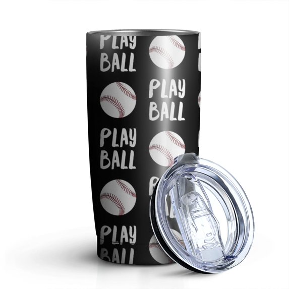 20oz Tumblers Black Play Ball Baseball Pattern Stainless Steel Vacuum Insulated Double Wall Travel Tumbler Cups Mug with Lid and Straw,Cleaning Brush for Cold & Hot Drinks