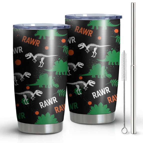 20oz Tumblers Black Rawr Dinosaur Skeleton Pattern Stainless Steel Vacuum Insulated Double Wall Travel Tumbler Cups Mug with Lid and Straw,Cleaning Brush for Cold & Hot Drinks