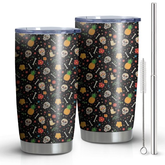20oz Tumblers Black Skull Pineapple Flower Pattern Stainless Steel Vacuum Insulated Double Wall Travel Tumbler Cups Mug with Lid and Straw,Cleaning Brush for Cold & Hot Drinks