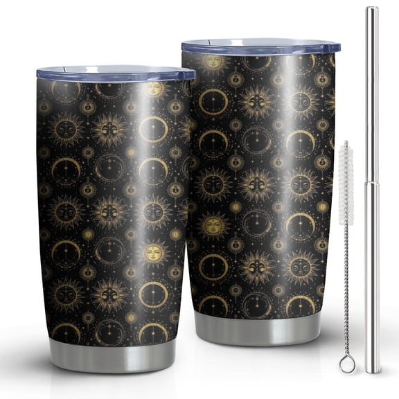 20oz Tumblers Black Sun Moon Pattern Stainless Steel Vacuum Insulated Double Wall Travel Tumbler Cups Mug with Lid and Straw,Cleaning Brush for Cold & Hot Drinks