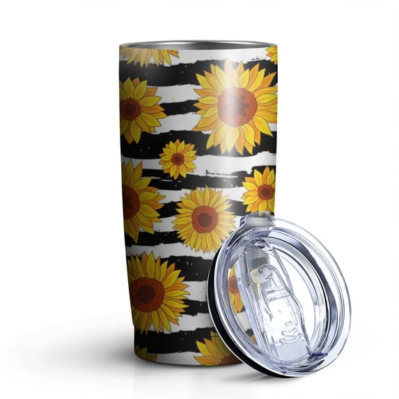 20oz Tumblers Black White Stripe Sunflower Pattern Stainless Steel Vacuum Insulated Double Wall Travel Tumbler Cups Mug with Lid and Straw,Cleaning Brush for Cold & Hot Drinks