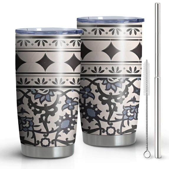 20oz Tumblers Blue Geometric Flower Diamond Pattern Stainless Steel Vacuum Insulated Double Wall Travel Tumbler Cups Mug with Lid and Straw,Cleaning Brush for Cold & Hot Drinks