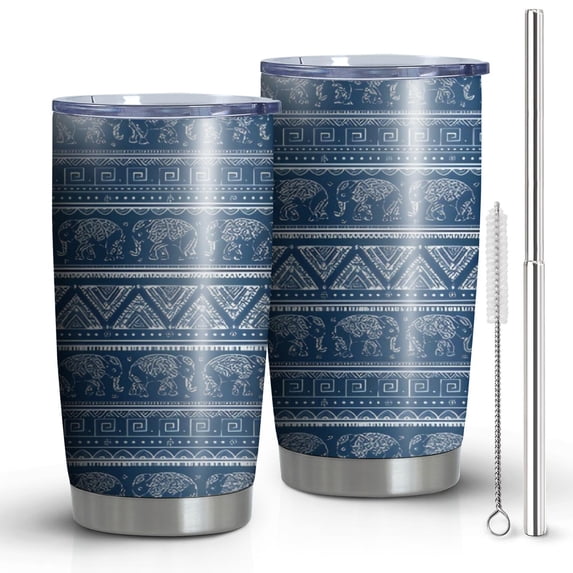 20oz Tumblers Blue Geometric Pattern with Elephants Stainless Steel Vacuum Insulated Double Wall Travel Tumbler Cups Mug with Lid and Straw,Cleaning Brush for Cold & Hot Drinks