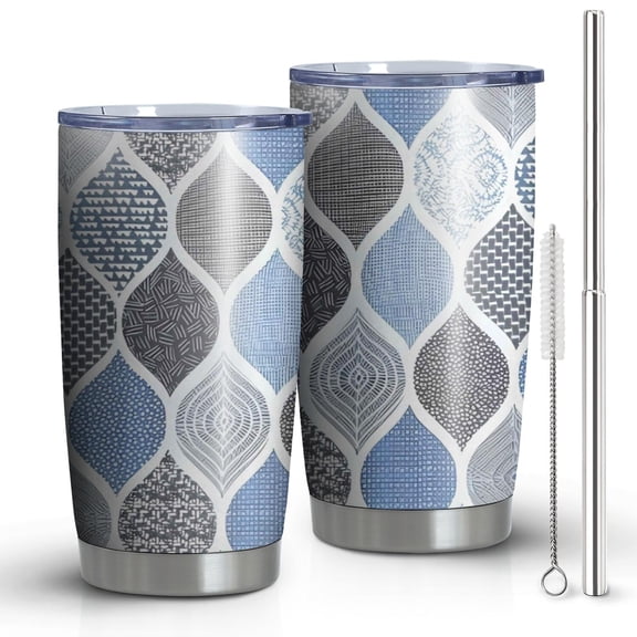 20oz Tumblers Blue Geometric Quatrefoil Pattern Stainless Steel Vacuum Insulated Double Wall Travel Tumbler Cups Mug with Lid and Straw,Cleaning Brush for Cold & Hot Drinks