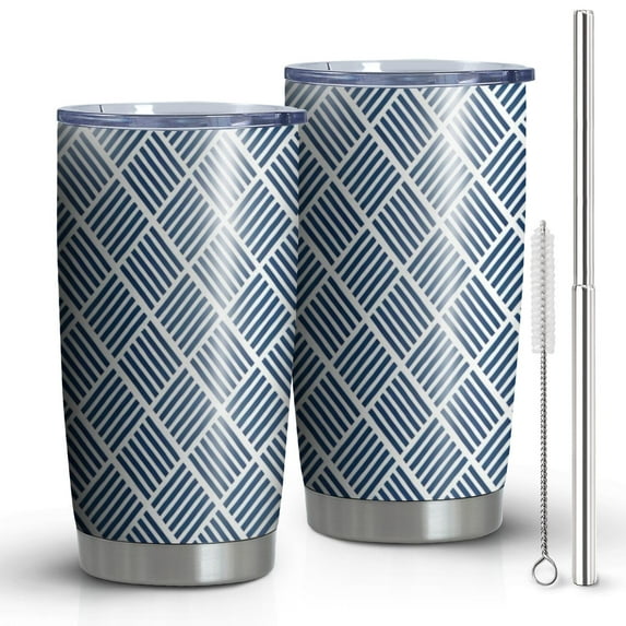 20oz Tumblers Blue Geometric Striped Pattern Stainless Steel Vacuum Insulated Double Wall Travel Tumbler Cups Mug with Lid and Straw,Cleaning Brush for Cold & Hot Drinks