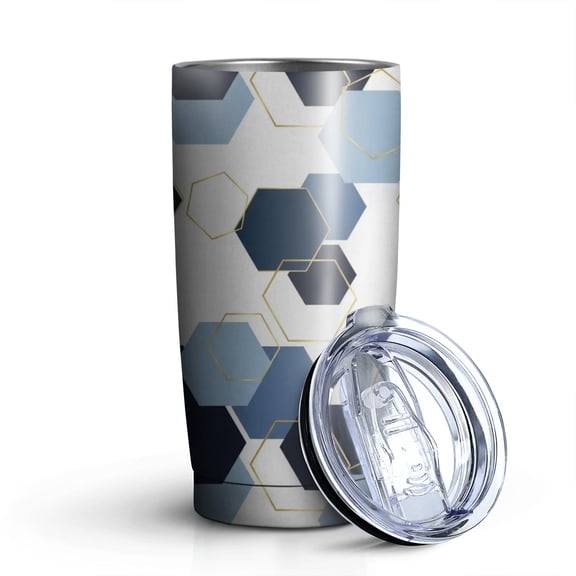 20oz Tumblers Blue Gold Hexagon Marble Stainless Steel Vacuum Insulated Double Wall Travel Tumbler Cups Mug with Lid and Straw,Cleaning Brush for Cold & Hot Drinks