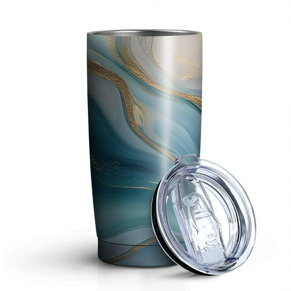 20oz Tumblers Blue Marble Gold Wave Pattern Stainless Steel Vacuum Insulated Double Wall Travel Tumbler Cups Mug with Lid and Straw,Cleaning Brush for Cold & Hot Drinks
