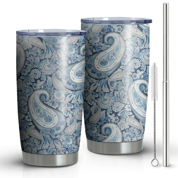 20oz Tumblers Blue Pioneer Flower and Paisley Pattern (3) Stainless Steel Vacuum Insulated Double Wall Travel Tumbler Cups Mug with Lid and Straw,Cleaning Brush for Cold & Hot Drinks