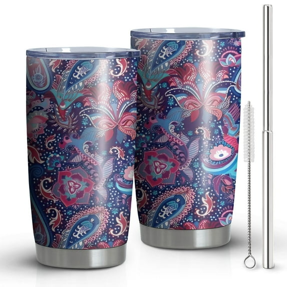 20oz Tumblers Blue Pioneer Flower and Paisley Pattern Stainless Steel Vacuum Insulated Double Wall Travel Tumbler Cups Mug with Lid and Straw,Cleaning Brush for Cold & Hot Drinks