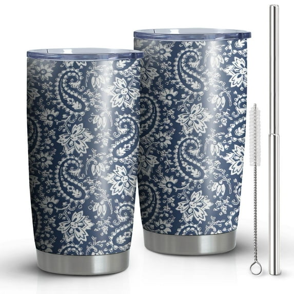 20oz Tumblers Blue Pioneer Flower and Paisley Pattern Stainless Steel Vacuum Insulated Double Wall Travel Tumbler Cups Mug with Lid and Straw,Cleaning Brush for Cold & Hot Drinks