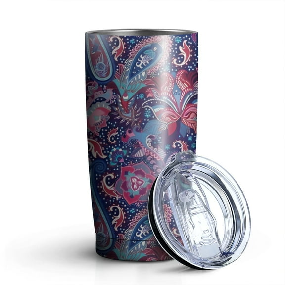 20oz Tumblers Blue Pioneer Flower and Paisley Pattern Stainless Steel Vacuum Insulated Double Wall Travel Tumbler Cups Mug with Lid and Straw,Cleaning Brush for Cold & Hot Drinks