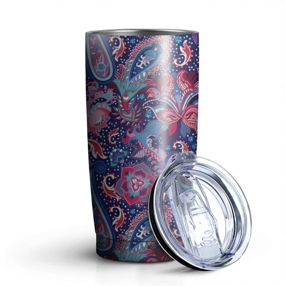 20oz Tumblers Blue Pioneer Flower and Paisley Pattern Stainless Steel Vacuum Insulated Double Wall Travel Tumbler Cups Mug with Lid and Straw,Cleaning Brush for Cold & Hot Drinks