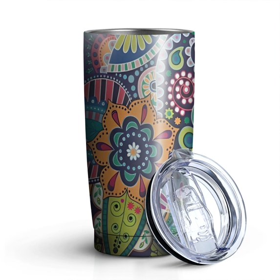20oz Tumblers Blue Pioneer Flower and Paisley Pattern Stainless Steel Vacuum Insulated Double Wall Travel Tumbler Cups Mug with Lid and Straw,Cleaning Brush for Cold & Hot Drinks
