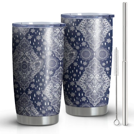 20oz Tumblers Blue and White Ethnic Floral Pattern Stainless Steel Vacuum Insulated Double Wall Travel Tumbler Cups Mug with Lid and Straw,Cleaning Brush for Cold & Hot Drinks