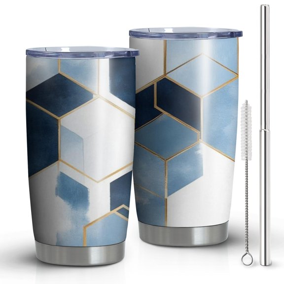 20oz Tumblers Blue White Gold Hexagon Marble Pattern Stainless Steel Vacuum Insulated Double Wall Travel Tumbler Cups Mug with Lid and Straw,Cleaning Brush for Cold & Hot Drinks