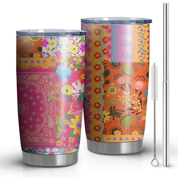 20oz Tumblers Bright Pioneer Flower Patchwork Stainless Steel Vacuum Insulated Double Wall Travel Tumbler Cups Mug with Lid and Straw,Cleaning Brush for Cold & Hot Drinks