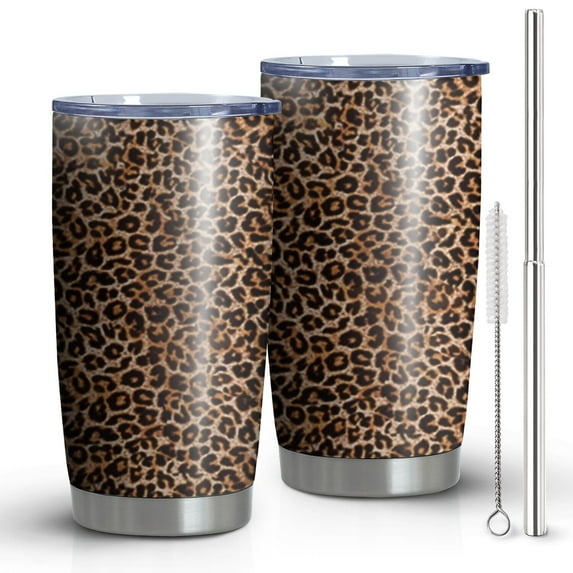 20oz Tumblers Brown and Black Leopard Print Stainless Steel Vacuum Insulated Double Wall Travel Tumbler Cups Mug with Lid and Straw,Cleaning Brush for Cold & Hot Drinks