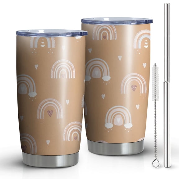 20oz Tumblers Brown Boho Bohemia Rainbow Hearts Pattern Stainless Steel Vacuum Insulated Double Wall Travel Tumbler Cups Mug with Lid and Straw,Cleaning Brush for Cold & Hot Drinks