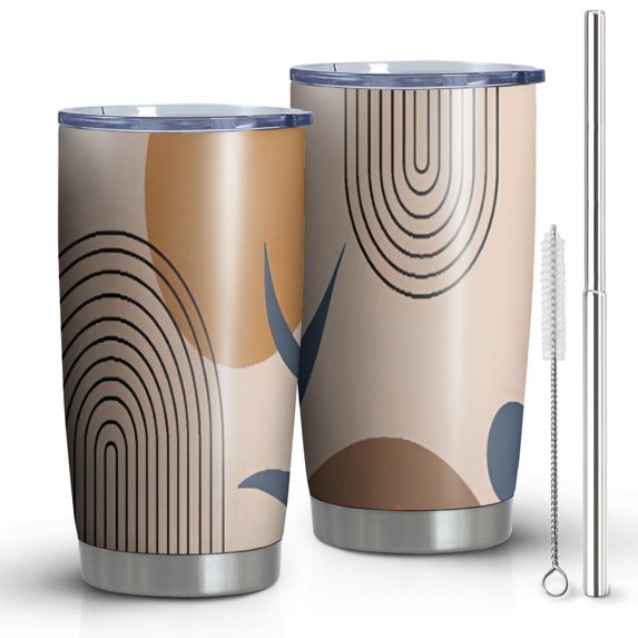 20oz Tumblers Brown Boho Geometric and Plant Pattern Stainless Steel Vacuum Insulated Double Wall Travel Tumbler Cups Mug with Lid and Straw,Cleaning Brush for Cold & Hot Drinks