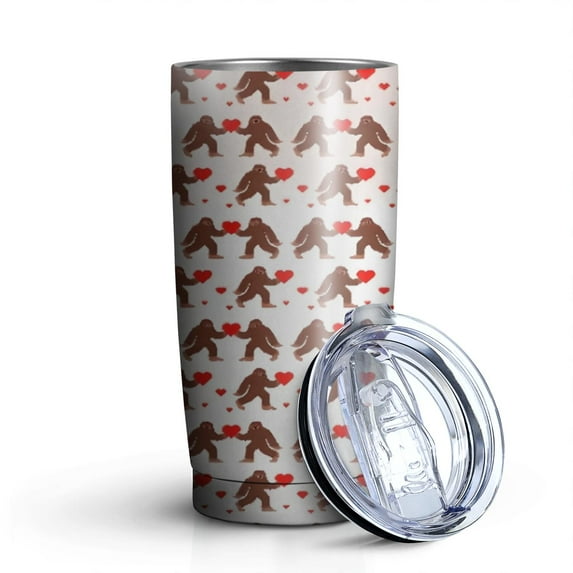 20oz Tumblers Brown Cartoon Bigfoot and Heart Pattern Stainless Steel Vacuum Insulated Double Wall Travel Tumbler Cups Mug with Lid and Straw,Cleaning Brush for Cold & Hot Drinks