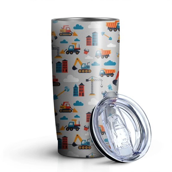 20oz Tumblers Cartoon Construction Vehicles Buildings Gray Pattern Stainless Steel Vacuum Insulated Double Wall Travel Tumbler Cups Mug with Lid and Straw,Cleaning Brush for Cold & Hot Drinks