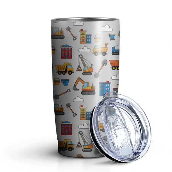 20oz Tumblers Cartoon Construction Vehicles Buildings Stainless Steel Vacuum Insulated Double Wall Travel Tumbler Cups Mug with Lid and Straw,Cleaning Brush for Cold & Hot Drinks