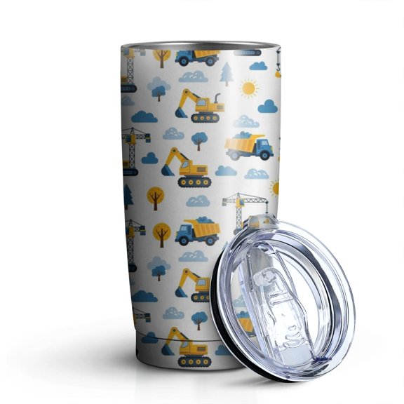 20oz Tumblers Cartoon Construction Vehicles Cranes Stainless Steel Vacuum Insulated Double Wall Travel Tumbler Cups Mug with Lid and Straw,Cleaning Brush for Cold & Hot Drinks
