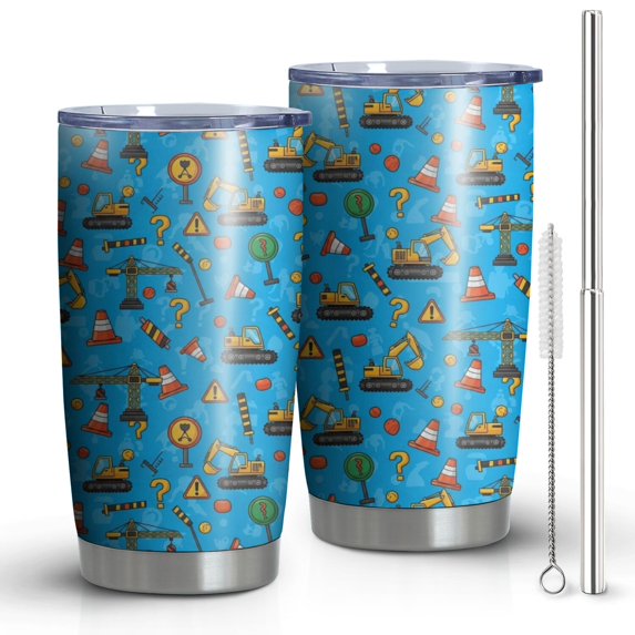 20oz Tumblers Cartoon Construction Vehicles Warning Signs Stainless Steel Vacuum Insulated Double Wall Travel Tumbler Cups Mug with Lid and Straw,Cleaning Brush for Cold & Hot Drinks