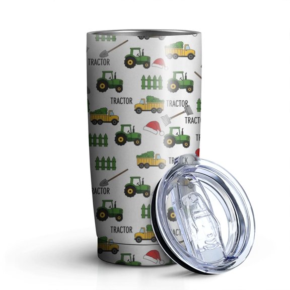20oz Tumblers Cartoon Tractors Santa Hats White Pattern Stainless Steel Vacuum Insulated Double Wall Travel Tumbler Cups Mug with Lid and Straw,Cleaning Brush for Cold & Hot Drinks