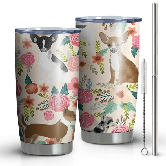 20oz Tumblers Chihuahua Dog and Flower Stainless Steel Vacuum Insulated Double Wall Travel Tumbler Cups Mug with Lid and Straw,Cleaning Brush for Cold & Hot Drinks