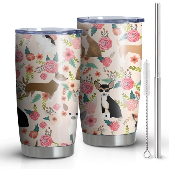 20oz Tumblers Chihuahua and Flower Florals Stainless Steel Vacuum Insulated Double Wall Travel Tumbler Cups Mug with Lid and Straw,Cleaning Brush for Cold & Hot Drinks