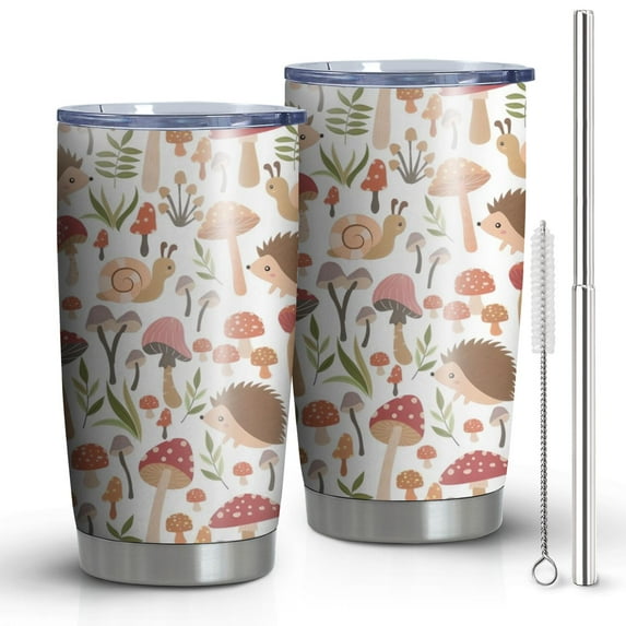 20oz Tumblers Cute Hedgehog and Mushroom Stainless Steel Vacuum Insulated Double Wall Travel Tumbler Cups Mug with Lid and Straw,Cleaning Brush for Cold & Hot Drinks