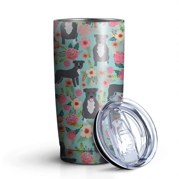 20oz Tumblers Cute Pitbull Terriers Dog and Flowers Stainless Steel Vacuum Insulated Double Wall Travel Tumbler Cups Mug with Lid and Straw,Cleaning Brush for Cold & Hot Drinks