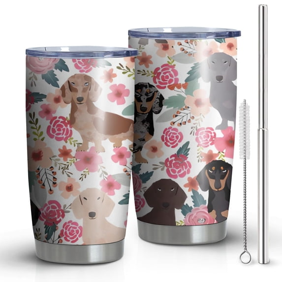 20oz Tumblers Dachshund and Flower Stainless Steel Vacuum Insulated Double Wall Travel Tumbler Cups Mug with Lid and Straw,Cleaning Brush for Cold & Hot Drinks
