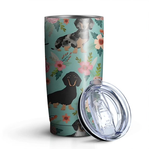 20oz Tumblers Dachshund and Flower Stainless Steel Vacuum Insulated Double Wall Travel Tumbler Cups Mug with Lid and Straw,Cleaning Brush for Cold & Hot Drinks
