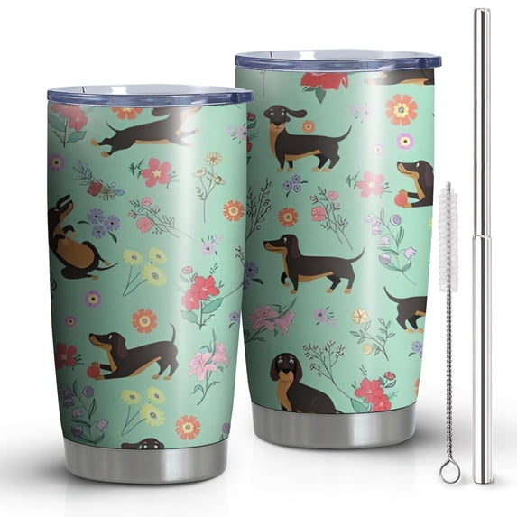 20oz Tumblers Dachshunds and Pioneer Flower Stainless Steel Vacuum Insulated Double Wall Travel Tumbler Cups Mug with Lid and Straw,Cleaning Brush for Cold & Hot Drinks