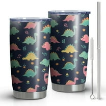 20oz Tumblers Dark Blue Colorful Dinosaur and Flower Pattern Stainless Steel Vacuum Insulated Double Wall Travel Tumbler Cups Mug with Lid and Straw,Cleaning Brush for Cold & Hot Drinks