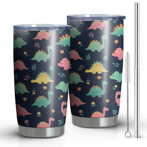 20oz Tumblers Dark Blue Colorful Dinosaur and Flower Pattern Stainless Steel Vacuum Insulated Double Wall Travel Tumbler Cups Mug with Lid and Straw,Cleaning Brush for Cold & Hot Drinks