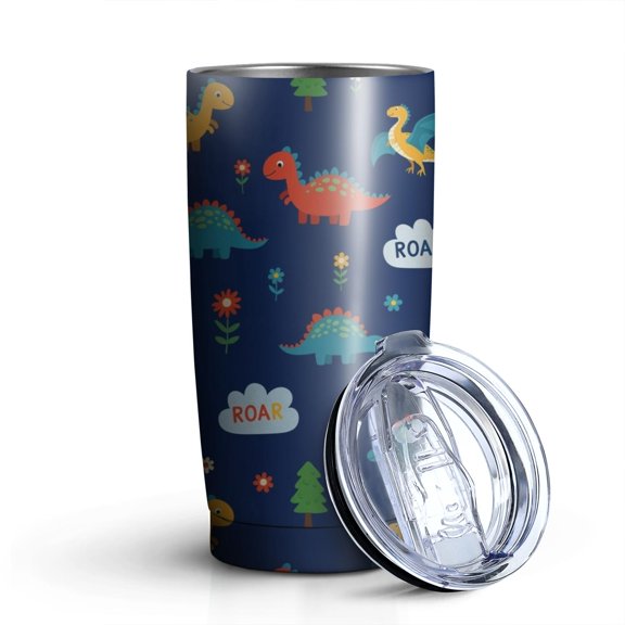 20oz Tumblers Dark Blue Dinosaurs ROAR Pattern Stainless Steel Vacuum Insulated Double Wall Travel Tumbler Cups Mug with Lid and Straw,Cleaning Brush for Cold & Hot Drinks